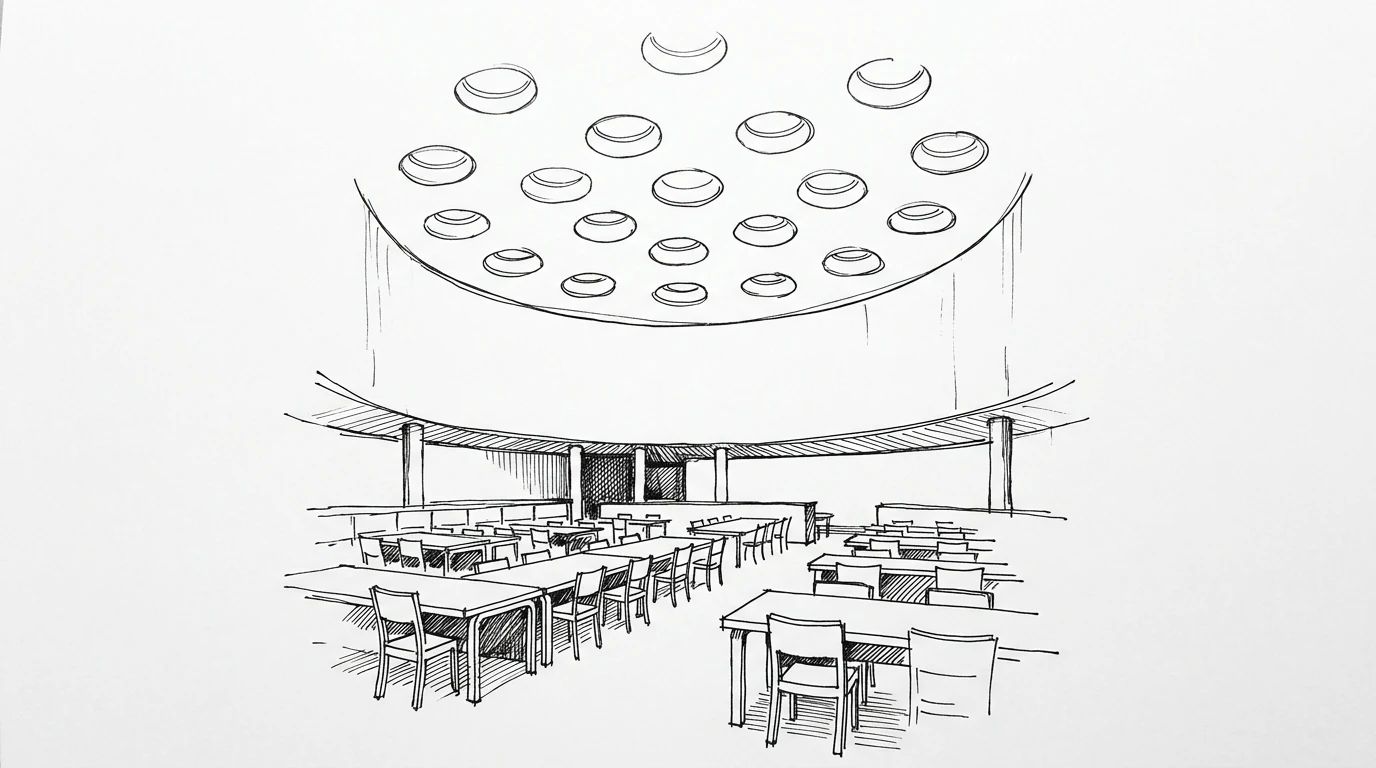 La sala lettura della biblioteca di Viipuri di Alvar Aalto, con i 57 lucernari circolari nel soffitto bianco che diffondono luce uniforme