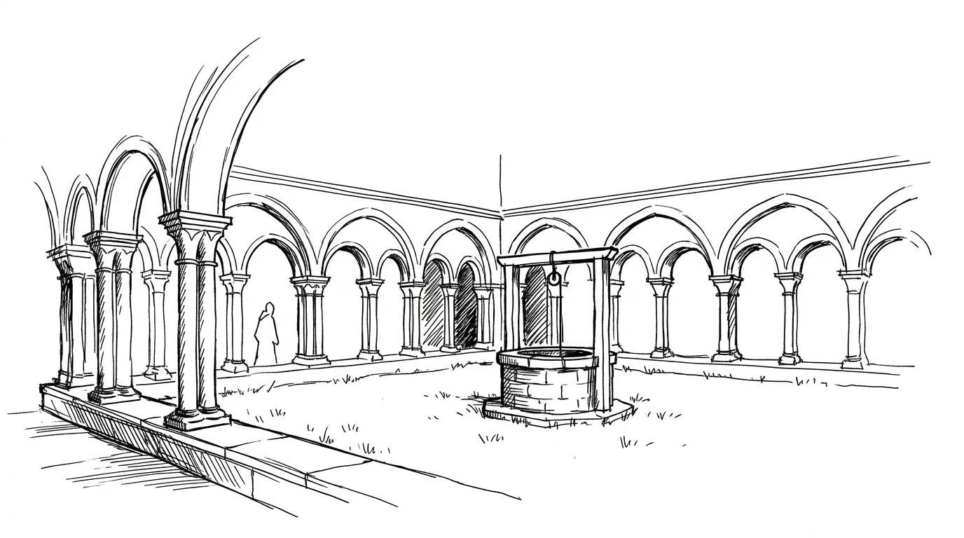 Il chiostro quadrato di un'abbazia cistercense con il pozzo al centro