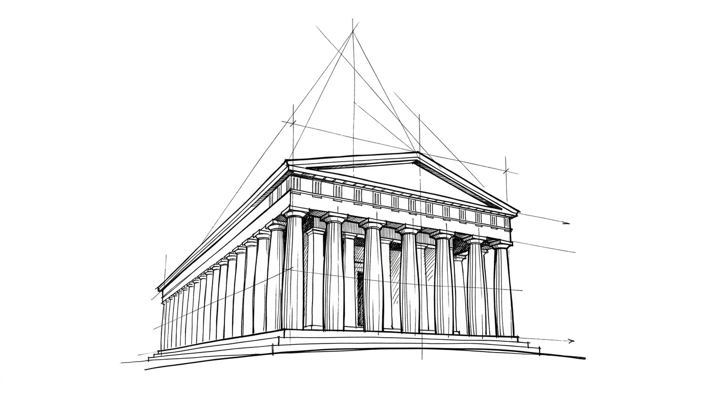 Sketch analitico della facciata del Partenone con colonne inclinate, entasi e stilobate curvo