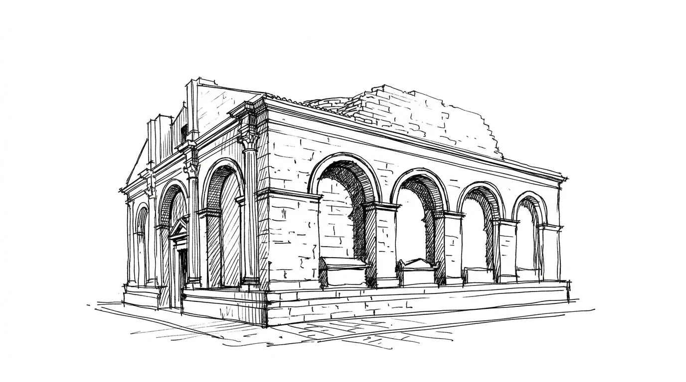 Il fianco del Tempio Malatestiano a Rimini, con la sequenza di archi ciechi e la parte superiore incompiuta rimasta in pietra grezza