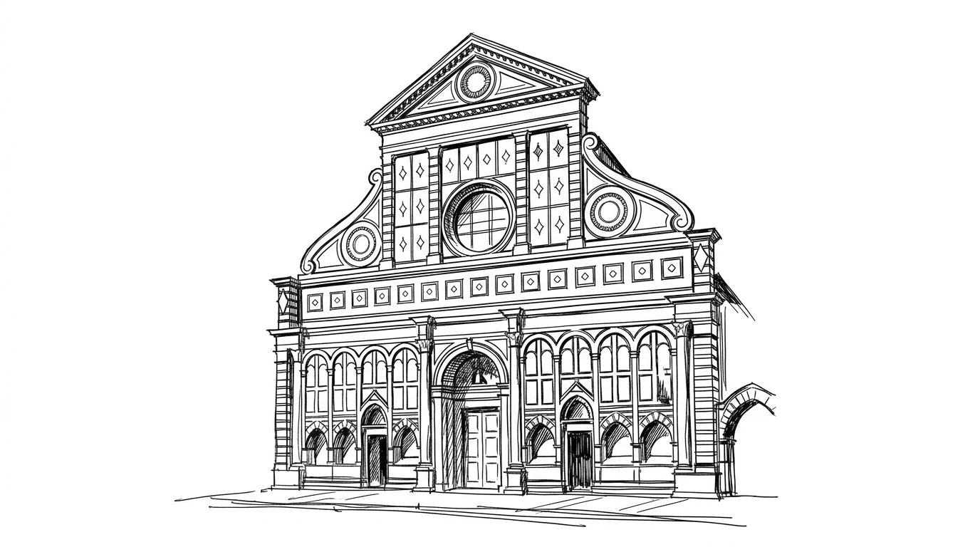 La facciata di Santa Maria Novella a Firenze, con le due grandi volute che raccordano la parte bassa a quella superiore