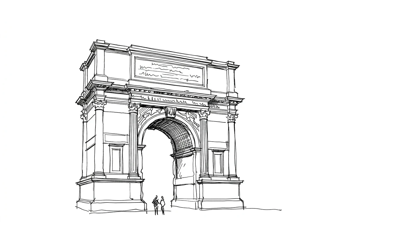 Un arco trionfale romano indipendente, con rilievi scolpiti e iscrizione dedicatoria sull'attico
