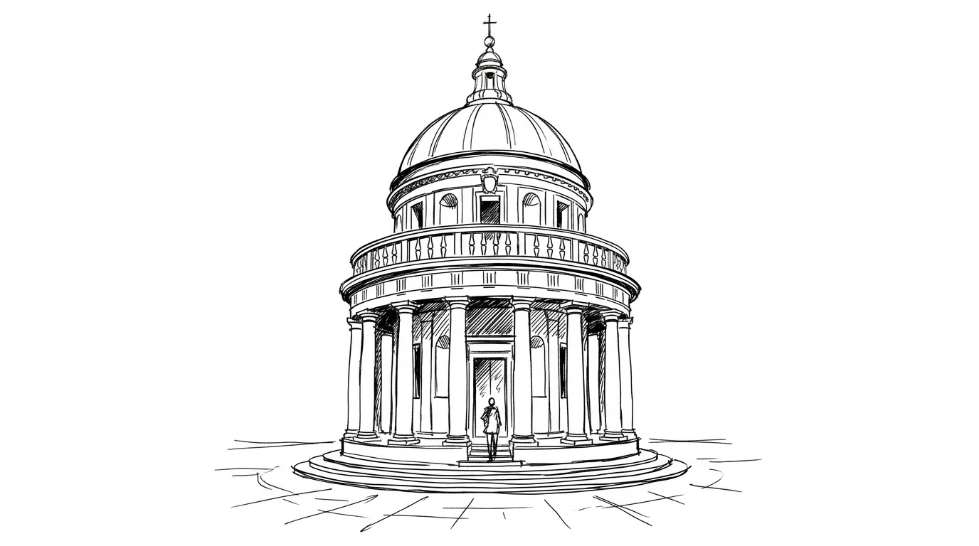Il Tempietto di San Pietro in Montorio a Roma, con il colonnato dorico, la balaustra e la cupola emisferica