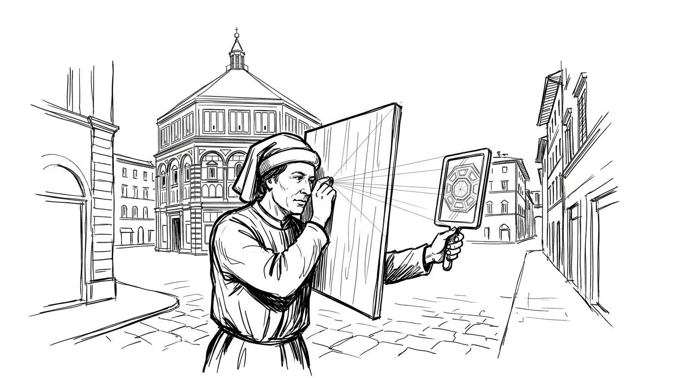 Brunelleschi guarda attraverso il foro della tavoletta prospettica verso uno specchio che riflette il Battistero di Firenze