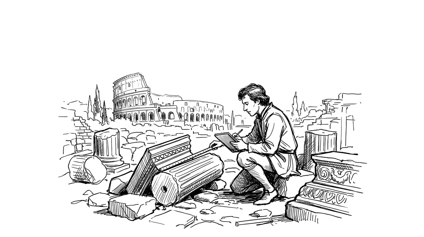 Brunelleschi che misura un frammento di colonna classica tra le rovine del Foro Romano, con il Colosseo sullo sfondo