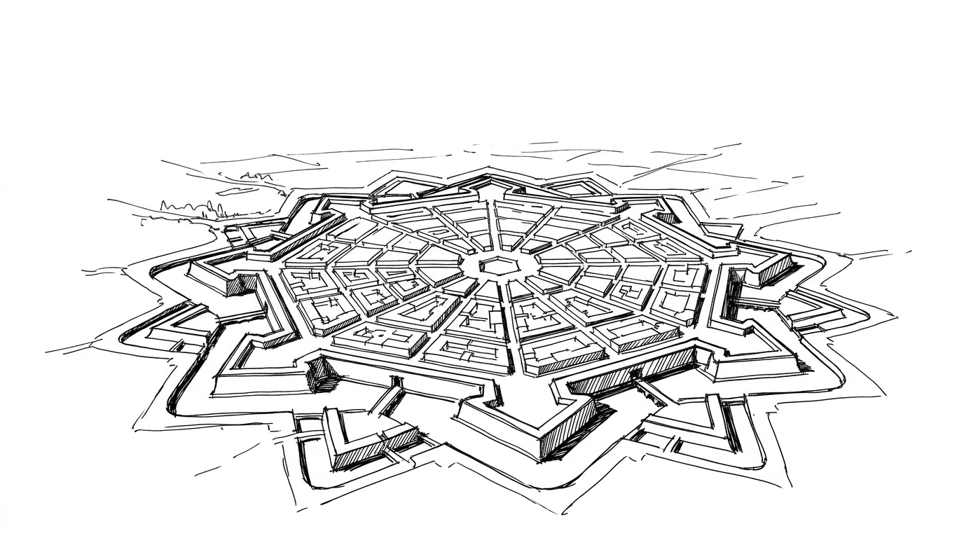 Vista dall'alto di una città-fortezza a pianta stellare con mura bastionate e strade radiali