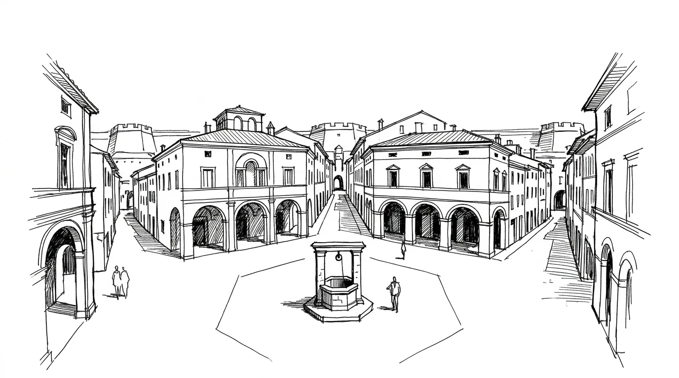 La piazza esagonale centrale di una città-fortezza a stella, con il pozzo e le strade radiali