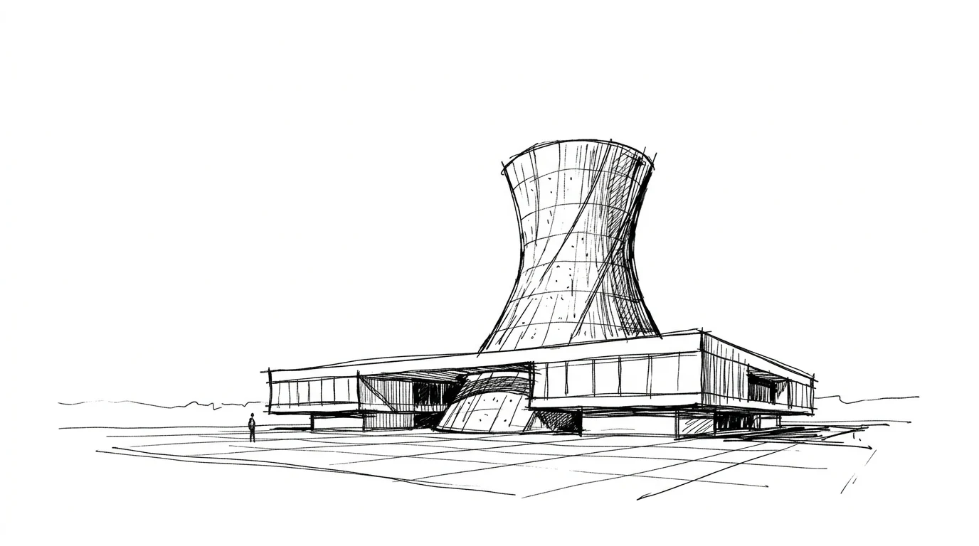 A building of the Chandigarh Capitol Complex with its raw concrete hyperbolic tower