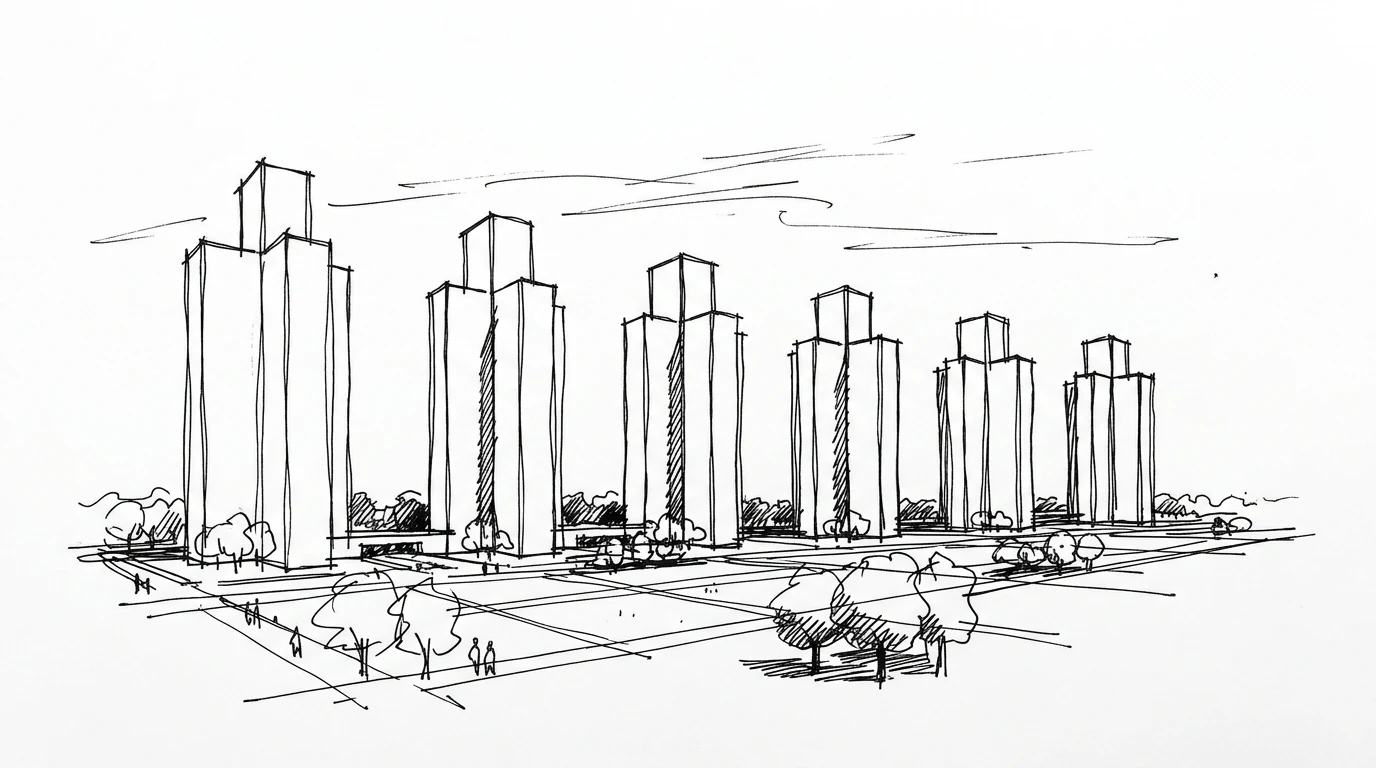 Identical cross-shaped skyscrapers arranged on a grid in a continuous park, the Plan Voisin