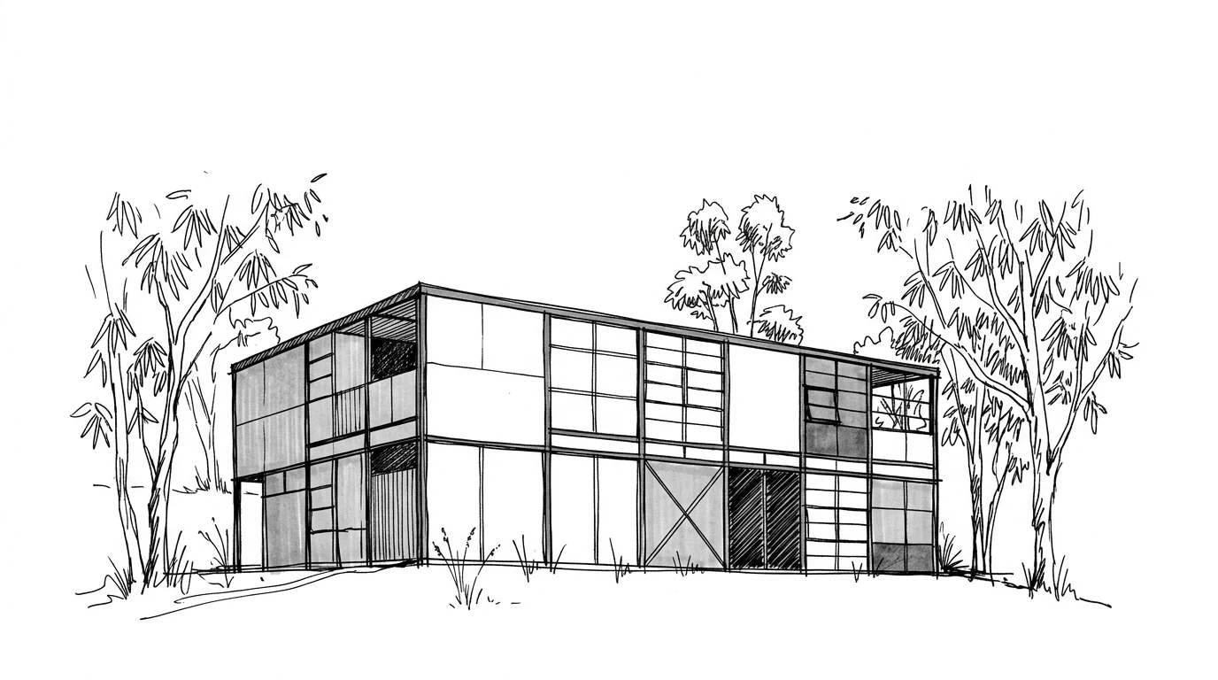 La facciata della Eames House a Pacific Palisades, un mosaico di pannelli di vetro e colorati come un Mondrian tridimensionale tra gli eucalipti