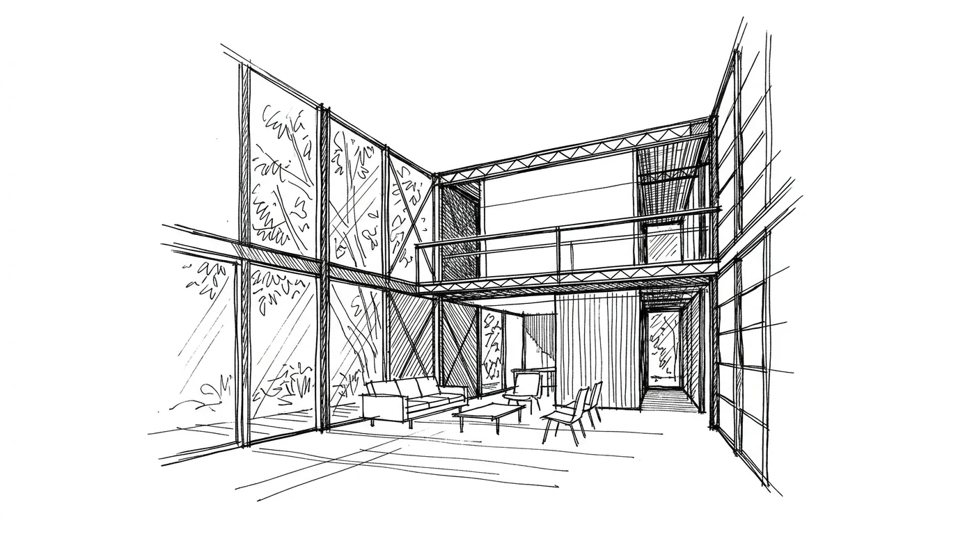 L'interno a doppia altezza della Eames House, con la struttura in acciaio a vista e la passerella del soppalco