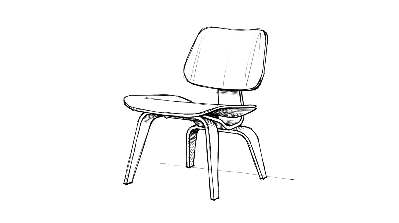 Una sedia Eames in compensato modellato a doppia curvatura, senza bulloni visibili