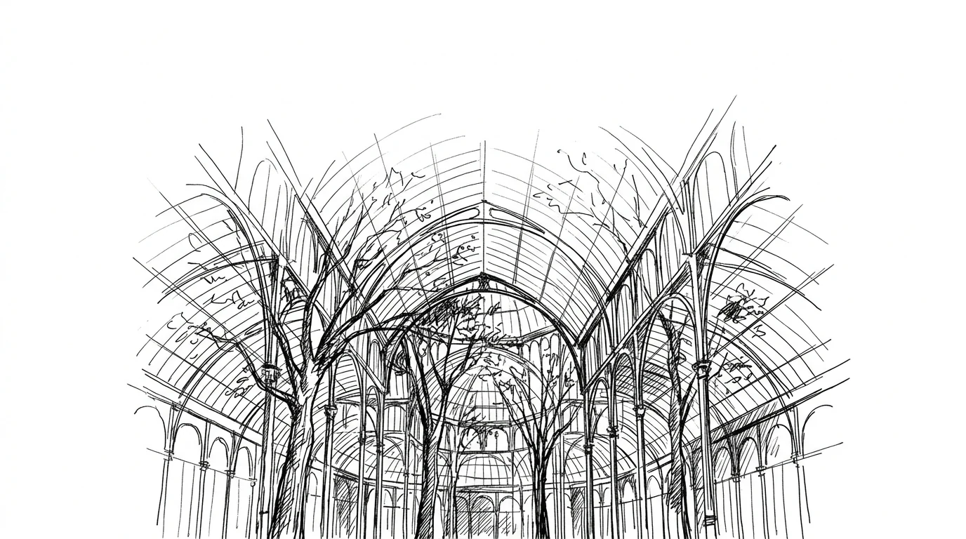 Full-grown elm trees growing inside the Crystal Palace, enclosed by its iron-and-glass structure