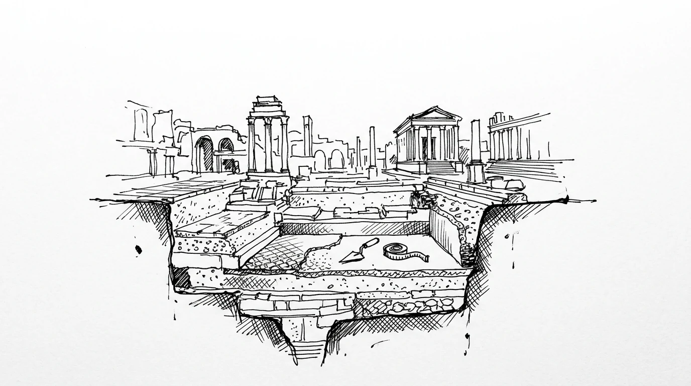 Sezione stratigrafica del Foro Romano che mostra secoli di pavimenti e fondazioni sovrapposti