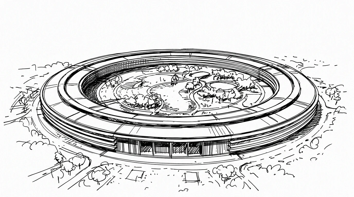 Apple Park a Cupertino, l'anello circolare di vetro e acciaio visto dall'alto con il parco interno