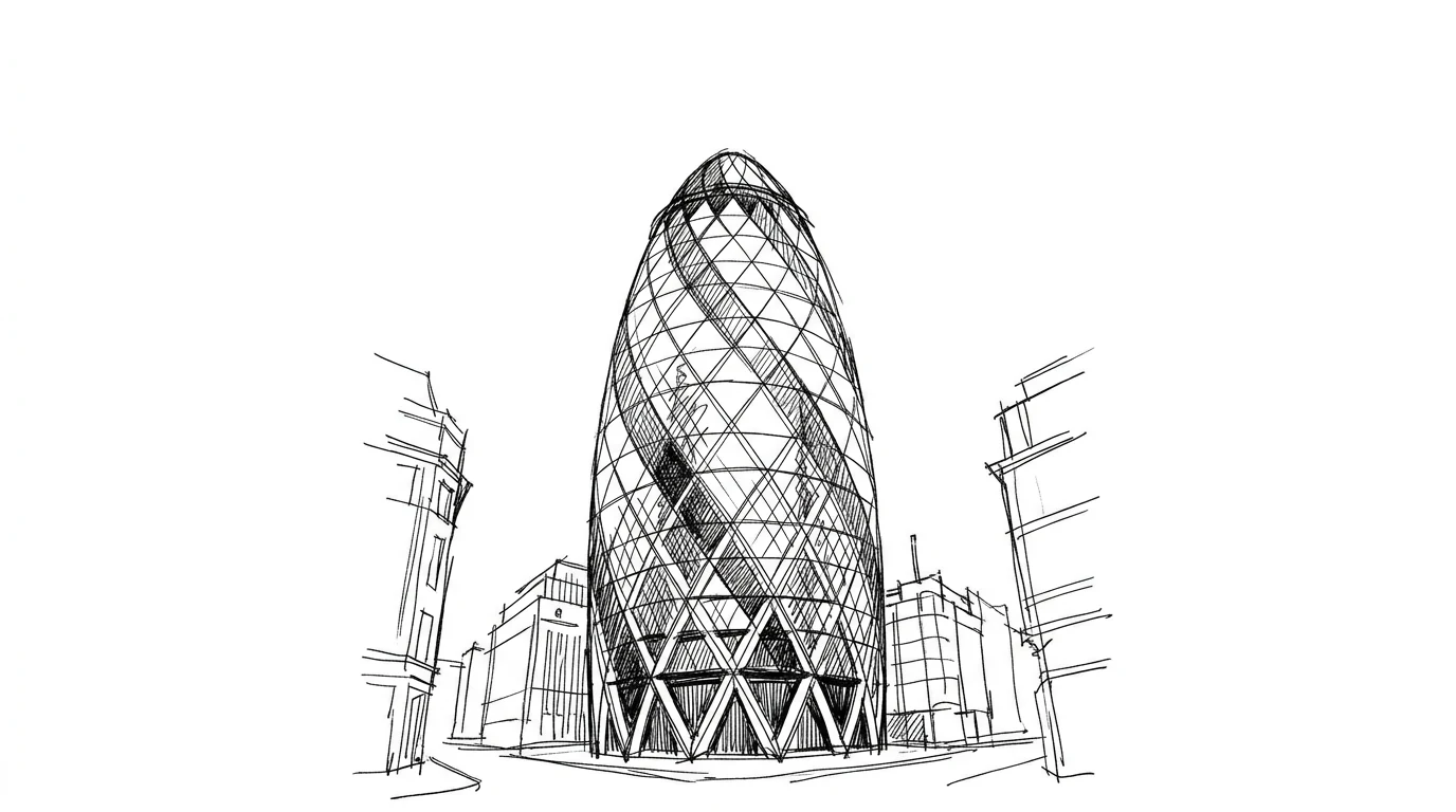 Il Gherkin di Londra, la torre a doppia curvatura con il reticolo a spirale di pannelli di vetro romboidali
