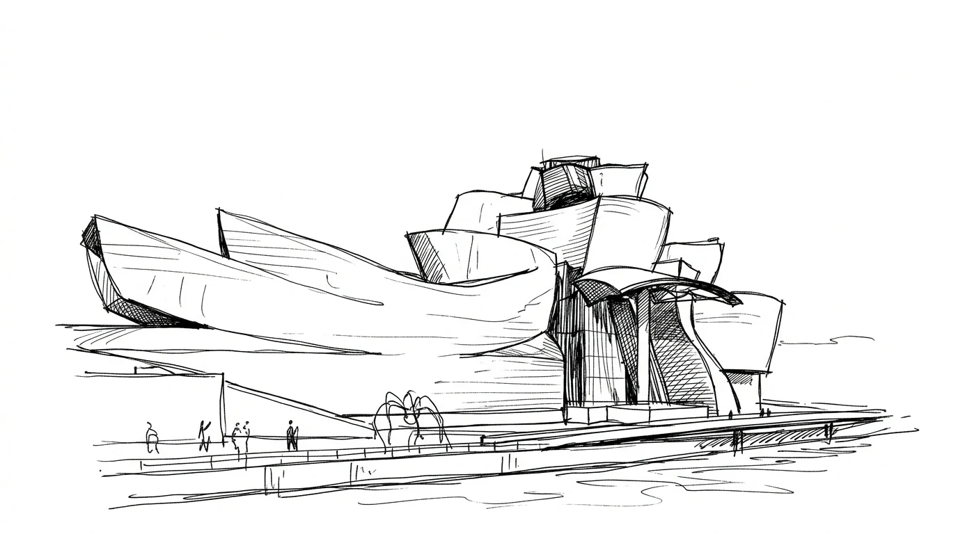 Il Guggenheim di Bilbao di Frank Gehry, i volumi curvi rivestiti di titanio lungo il fiume Nervión