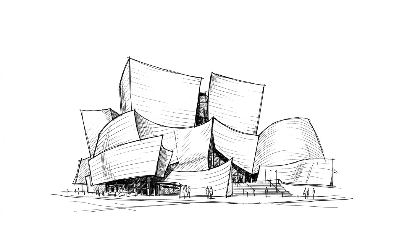 L'esterno della Walt Disney Concert Hall, i pannelli curvi di acciaio inossidabile che riflettono la luce