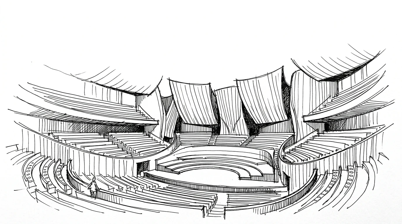 La sala 'a vigneto' della Walt Disney Concert Hall, con il palco al centro circondato da pareti curve di legno