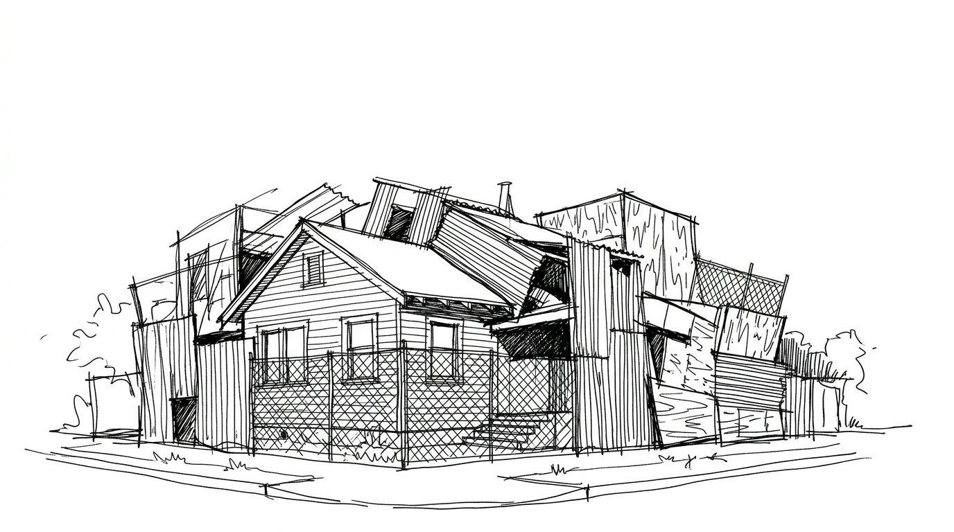 La casa di Frank Gehry a Santa Monica, avvolta da un involucro di lamiera corrugata e rete metallica industriale