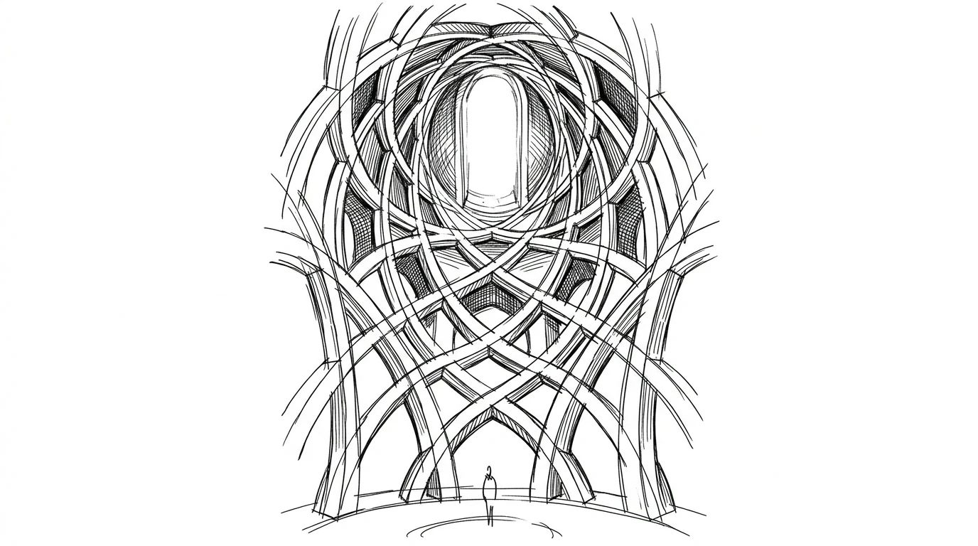 La spirale di archi intrecciati della Cappella della Sindone a Torino, vista dal basso verso l'oculus in alto