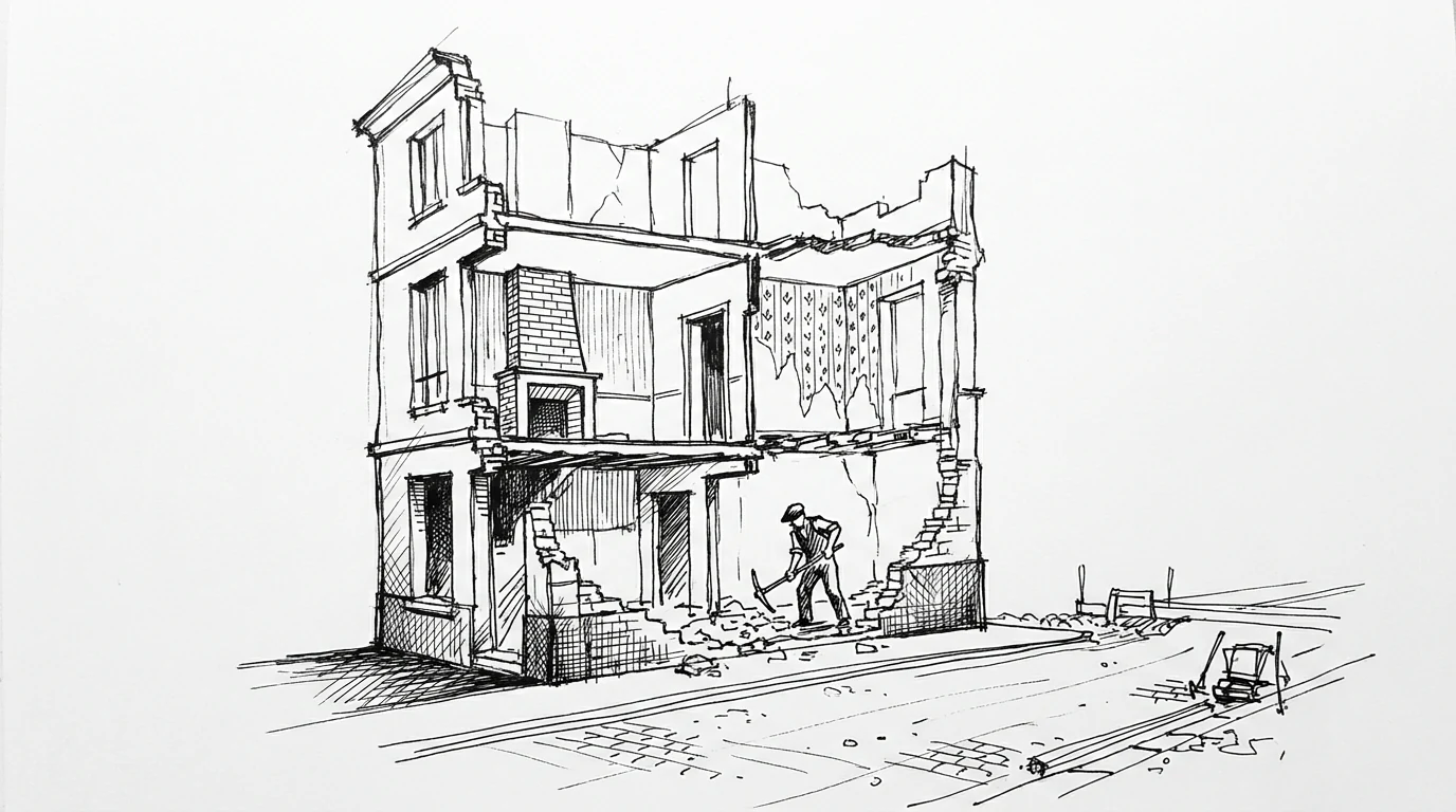 Una casa del vecchio quartiere medievale di Parigi tagliata a metà dalla demolizione, con gli interni esposti