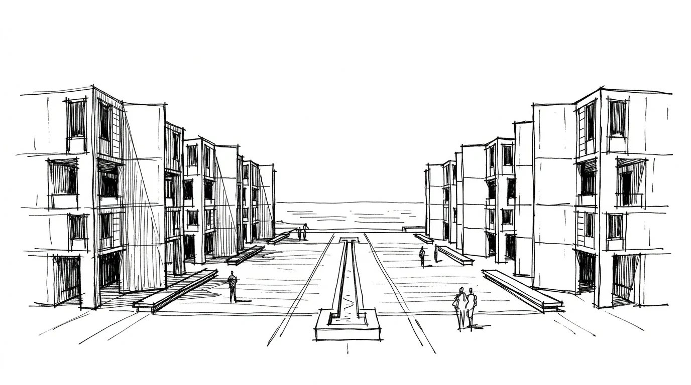 Il canale d'acqua del Salk Institute di Louis Kahn, tra i due blocchi di laboratori, orientato verso l'orizzonte dell'oceano