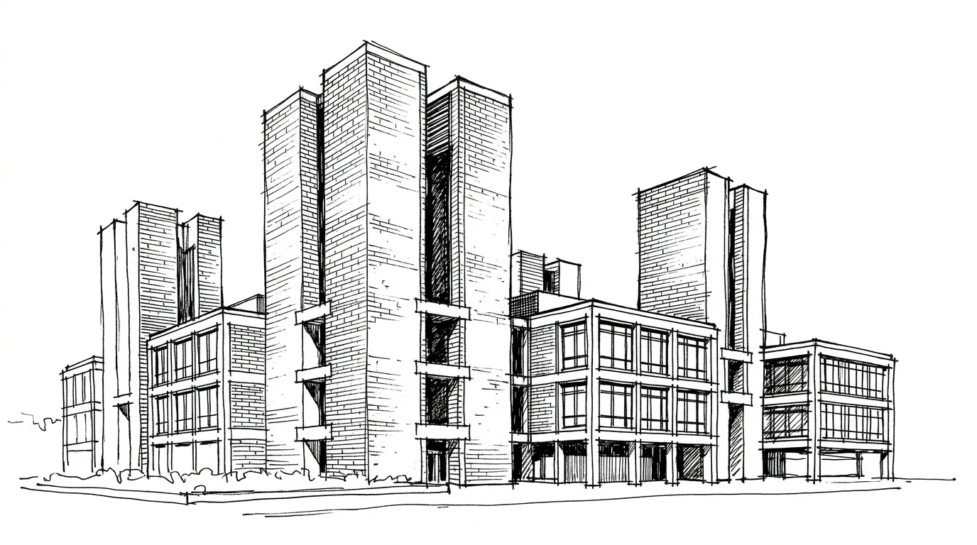 Le torri di mattone dei Richards Medical Research Laboratories di Louis Kahn a Filadelfia, che portano l'aria in ingresso e la scaricano esausta