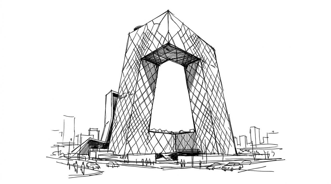 La CCTV Tower di Pechino di Rem Koolhaas/OMA, l'anello formato da due torri inclinate