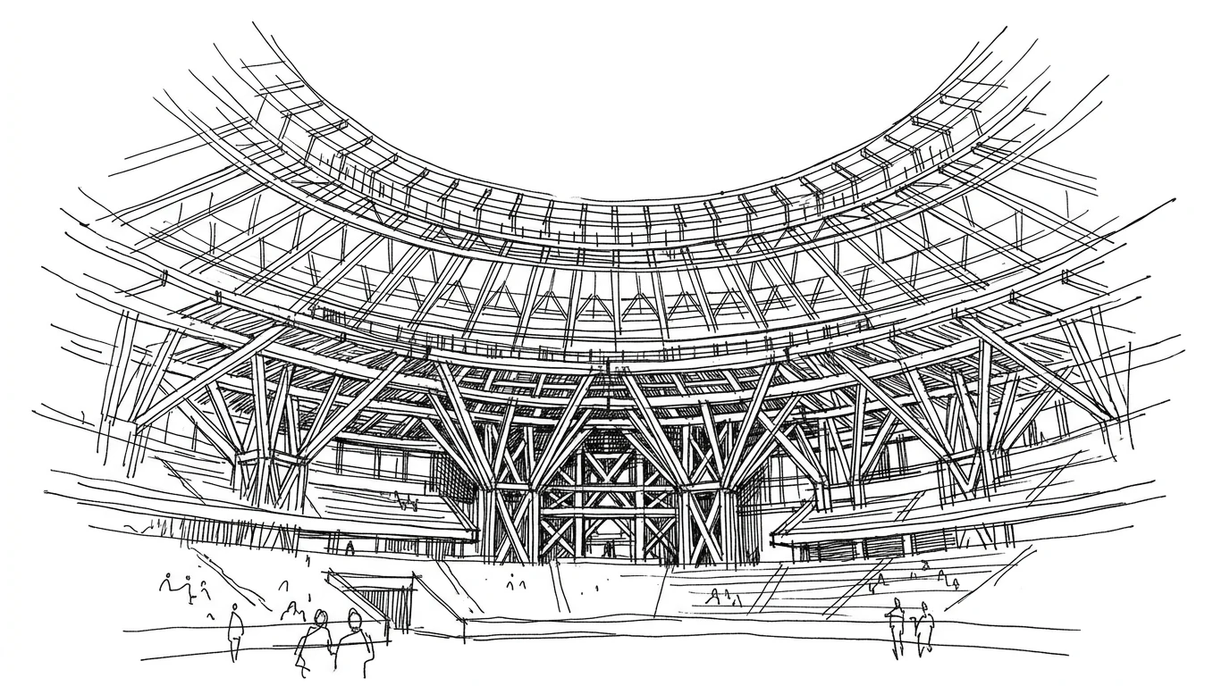 L'interno dello Stadio Olimpico di Tokyo di Kengo Kuma, le travi di legno che emergono dagli spalti come una foresta
