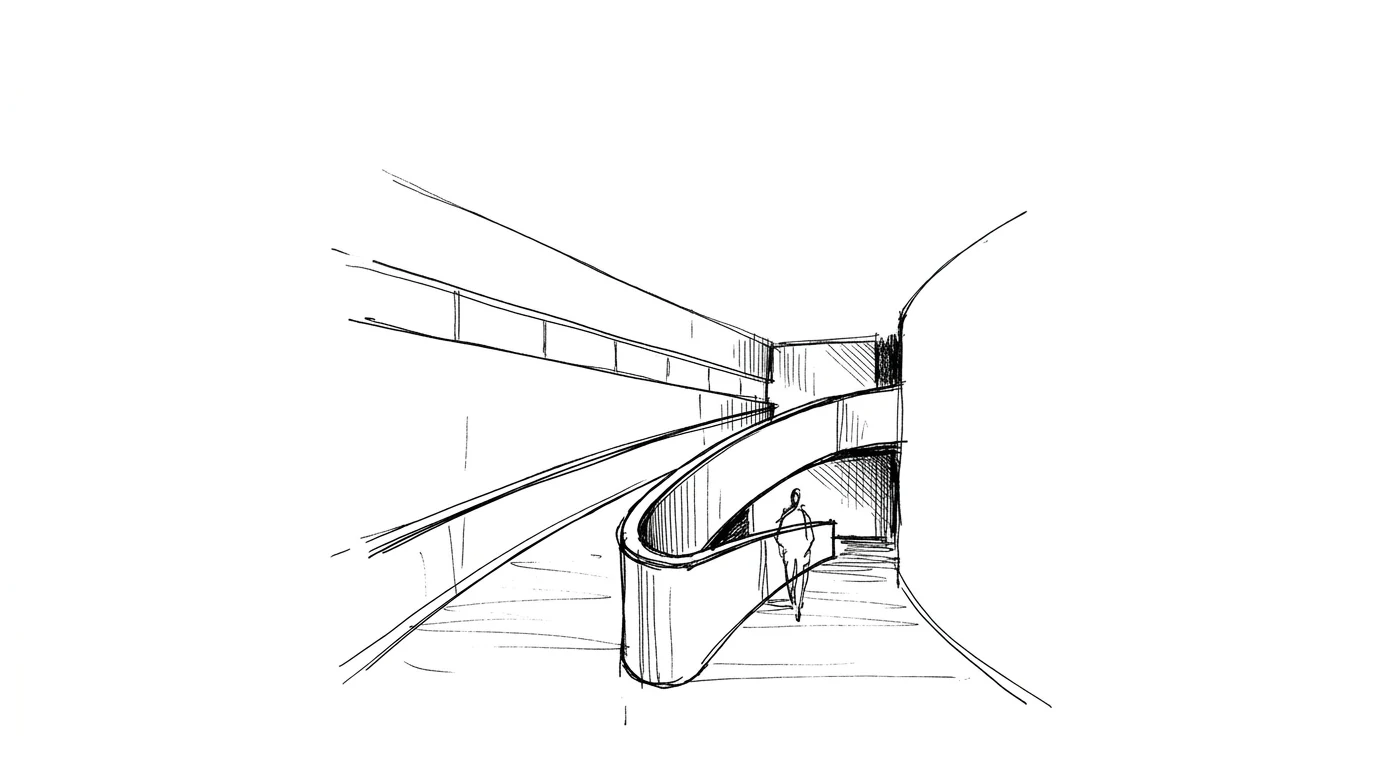 La rampa interna di Villa Savoye, la promenade architecturale che sale tra pareti bianche curve