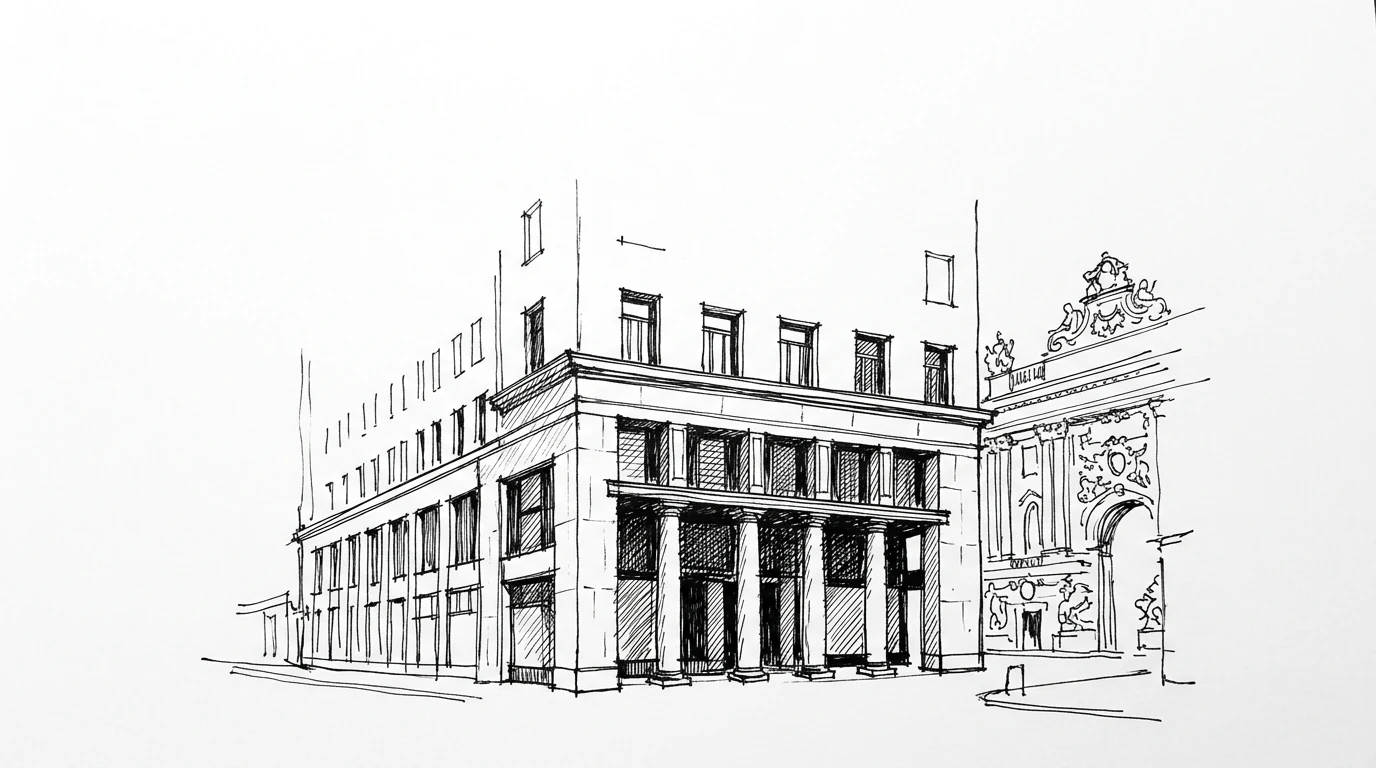 La facciata della Looshaus di Adolf Loos sulla Michaelerplatz di Vienna, con il basamento in pietra e i piani superiori senza cornici decorative