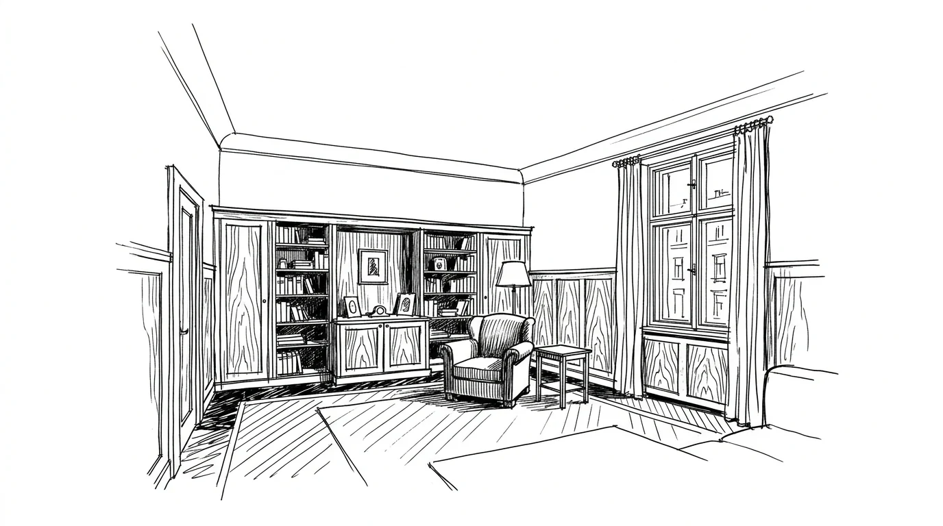 Un interno riccamente arredato progettato da Adolf Loos, con scaffalature in mogano e pavimento in marmo scuro