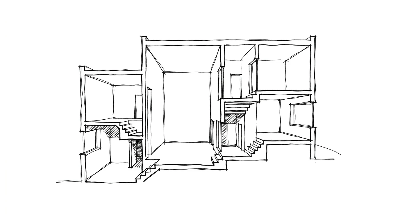 Sezione a taglio di una casa Raumplan di Adolf Loos, con le stanze a quote sfalsate collegate da brevi scalinate