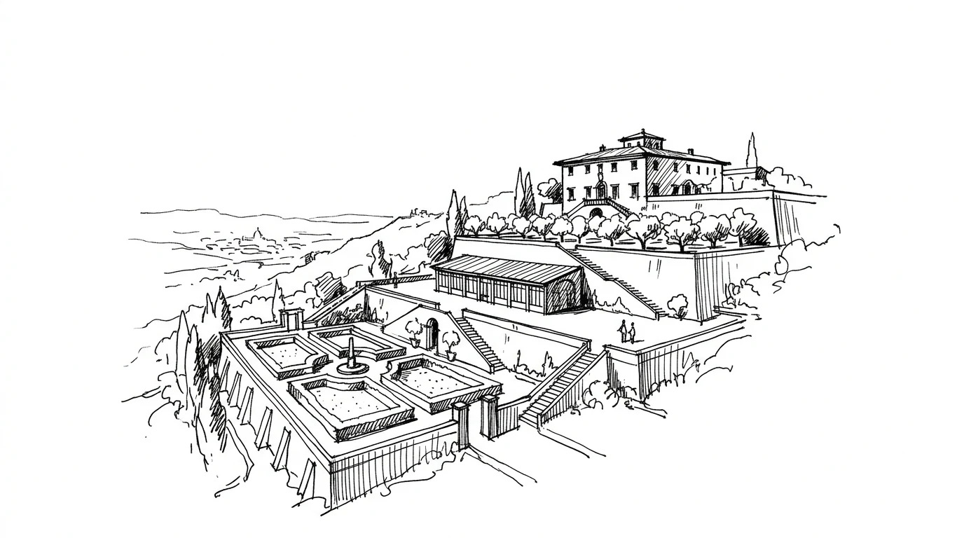 Una villa medicea sulla collina toscana di Fiesole, con le terrazze sovrapposte di giardino, limonaia e frutteto viste dal basso