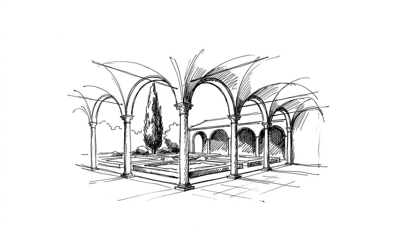 La loggia di una villa medicea toscana, con gli archi in pietra aperti sul giardino formale e un cipresso visibile oltre le arcate