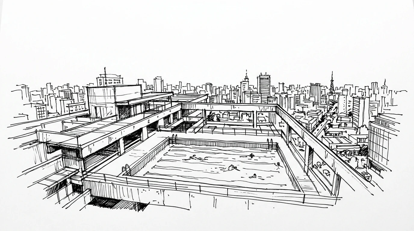 La piscina in cima al SESC 24 de Maio di Mendes da Rocha, con vista sullo skyline di San Paolo