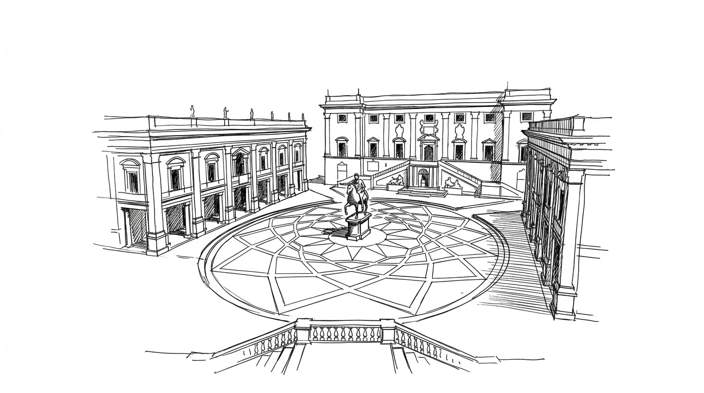 La pavimentazione ovale della Piazza del Campidoglio a Roma, con il motivo geometrico che converge sulla statua equestre di Marco Aurelio