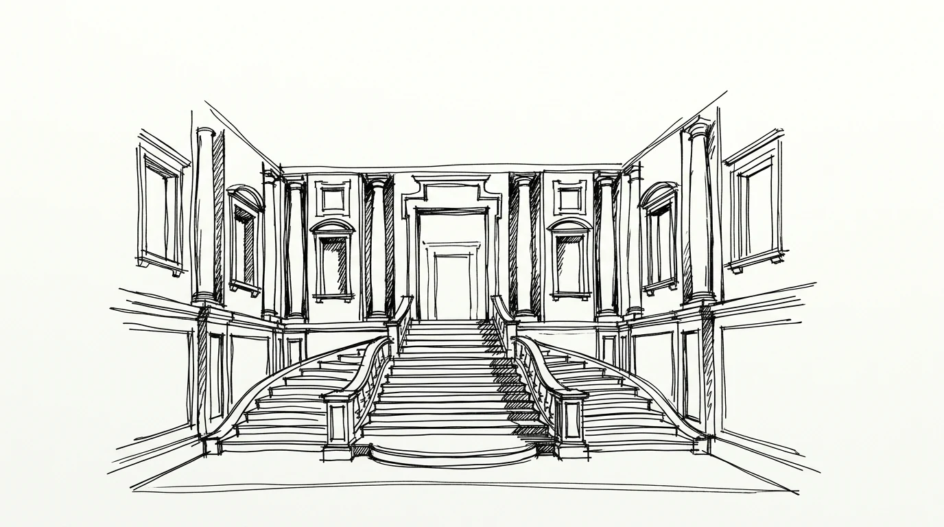 La scala del vestibolo della Biblioteca Laurenziana a Firenze, con le tre rampe che si fondono in una sola e le colonne incassate nel muro