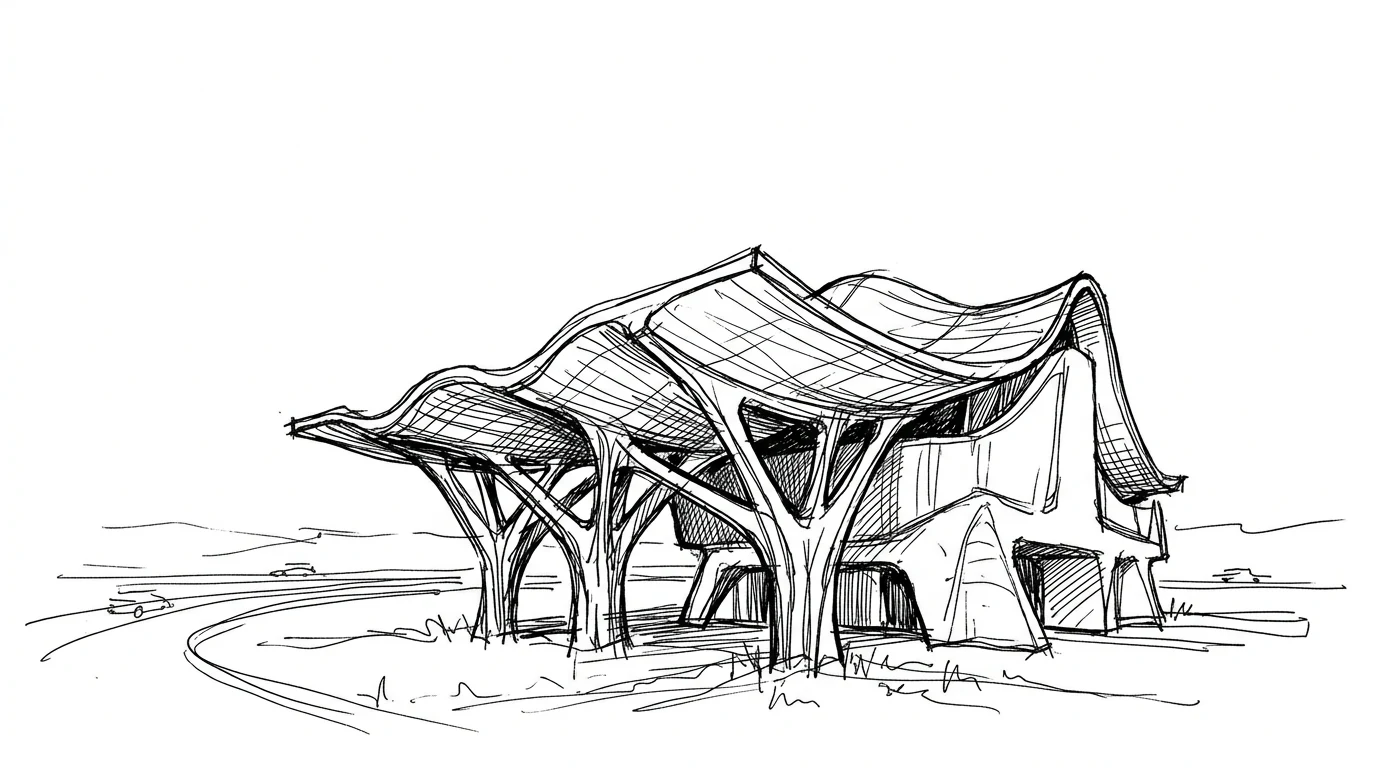 La copertura ondulata in cemento della Chiesa di San Giovanni Battista sull'Autostrada del Sole di Giovanni Michelucci, come una tenda nel vento