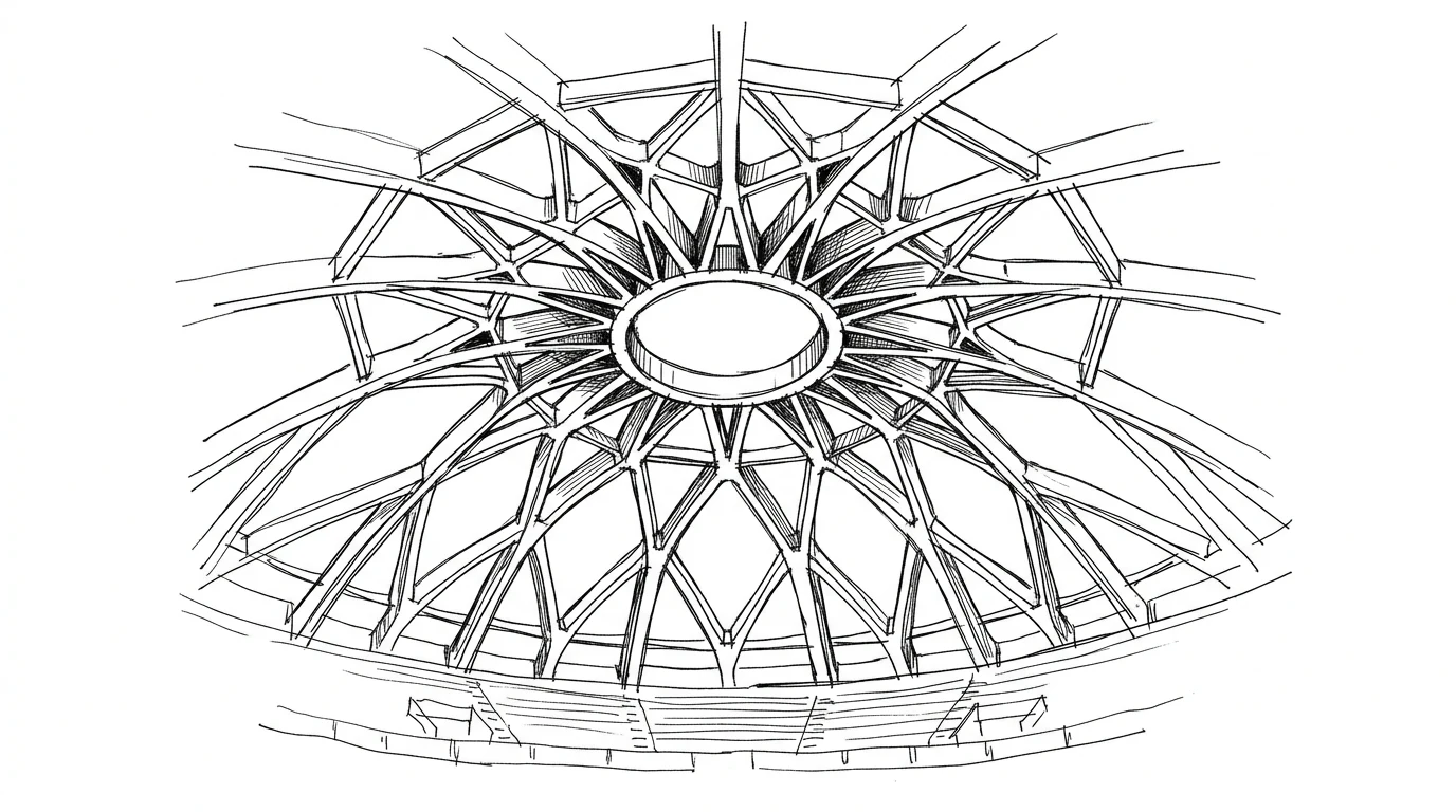 La cupola a nervature radiali del Palazzo dello Sport di Roma di Pier Luigi Nervi, come un enorme fiocco di neve congelato nel cemento