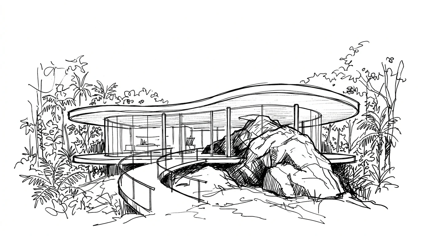 La Casa das Canoas di Oscar Niemeyer vicino Rio de Janeiro, con la lastra di cemento curva che galleggia sopra la roccia di granito inglobata nella casa