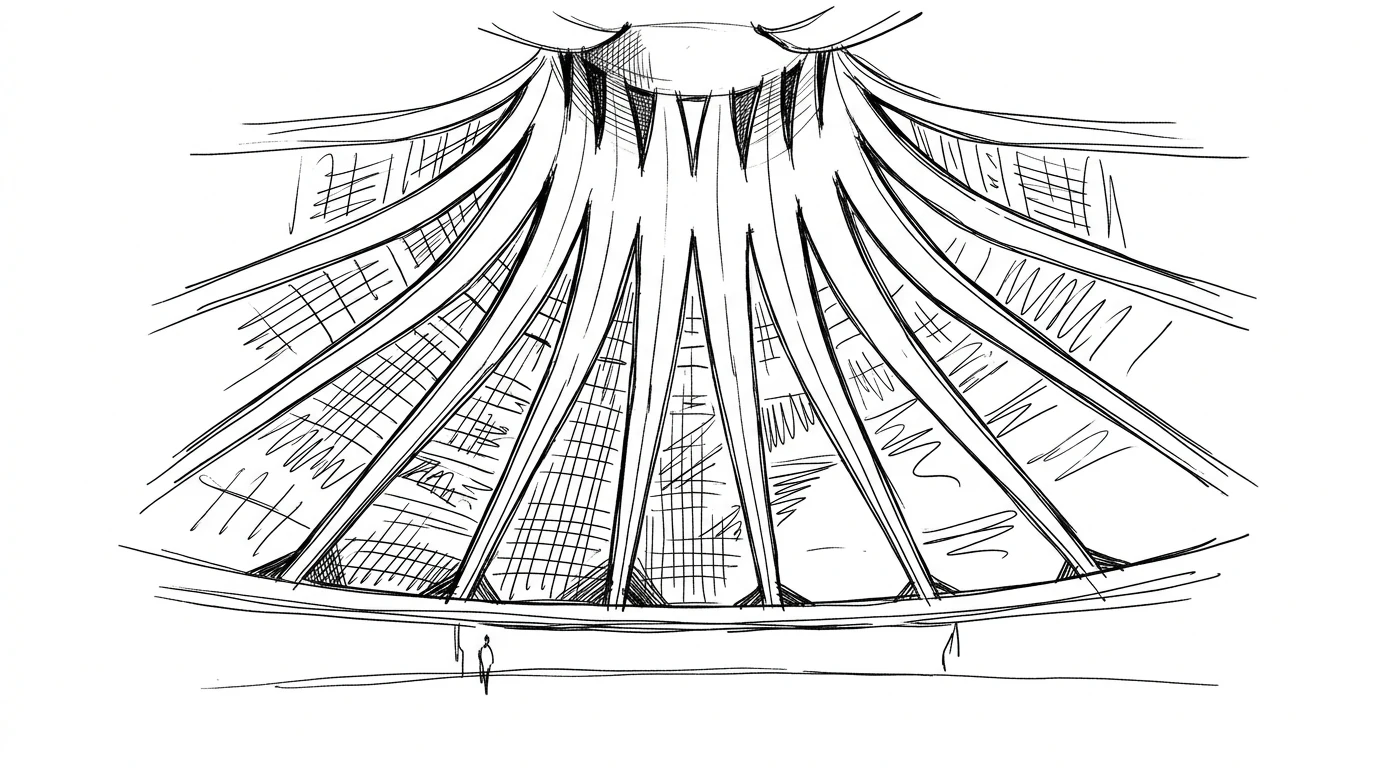 L'interno della Cattedrale di Brasília di Oscar Niemeyer, con le sedici nervature iperboliche bianche e le vetrate colorate che lasciano entrare la luce
