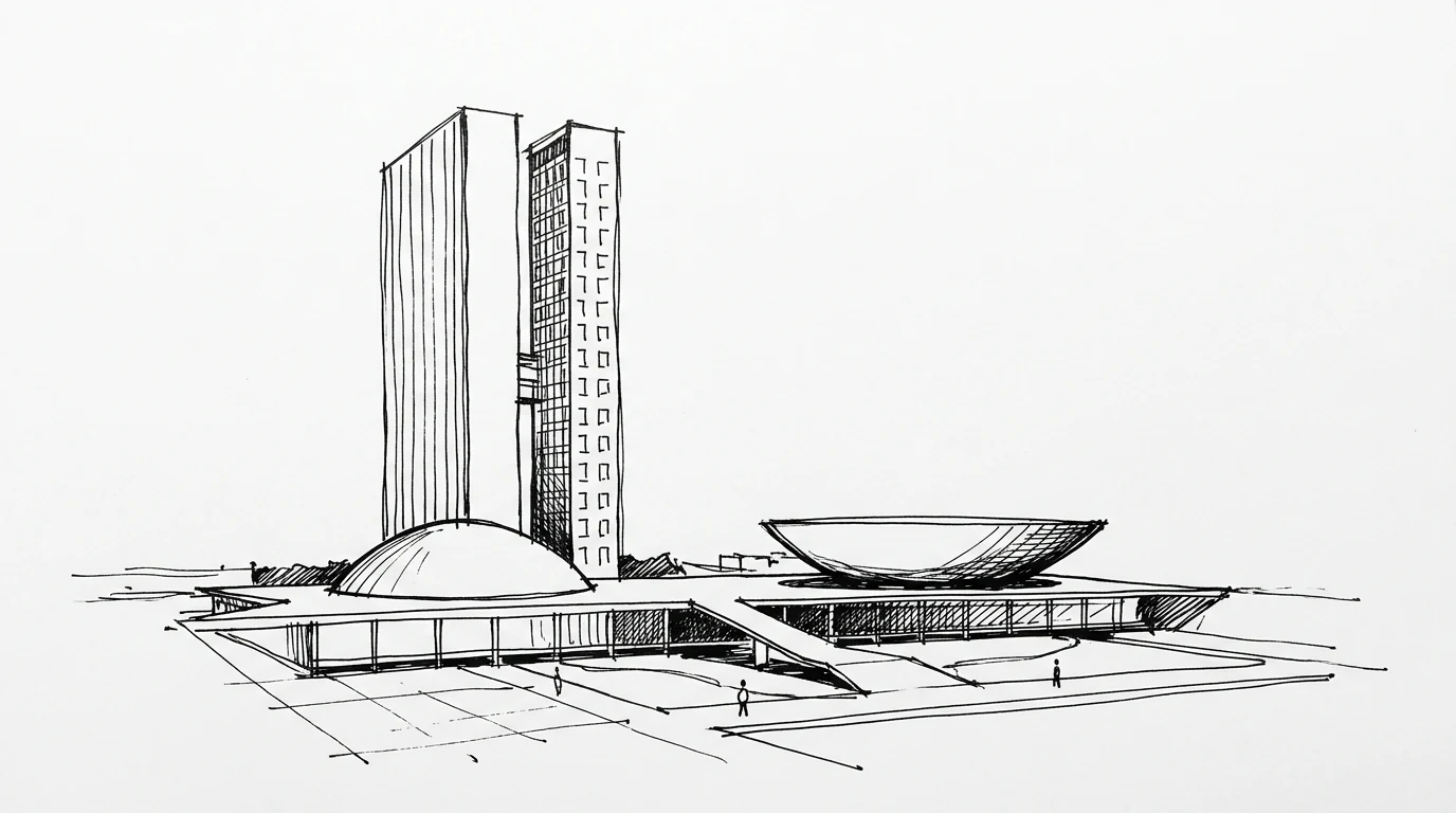 Il Congresso Nazionale del Brasile a Brasília, con le due torri gemelle, la cupola convessa e la calotta concava di Oscar Niemeyer