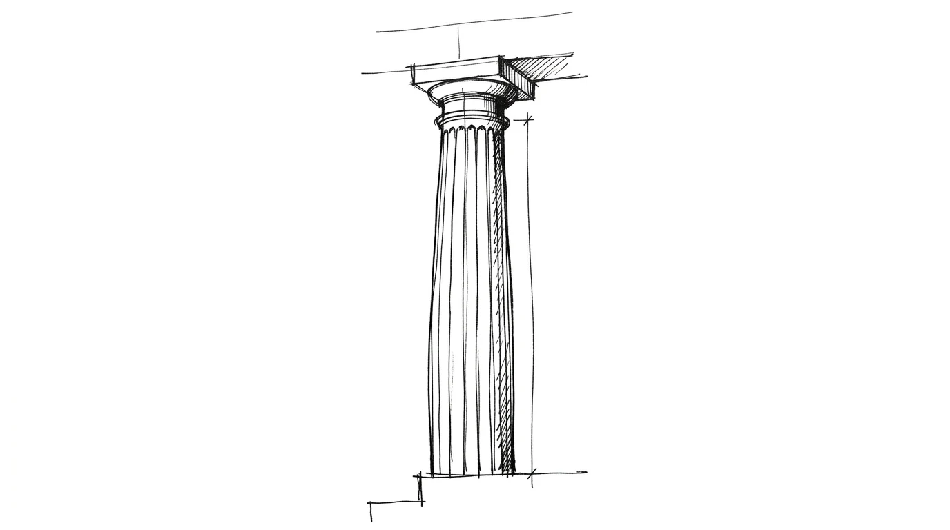 Colonna dorica scanalata con la sua leggera curvatura di entasi, affiancata da una linea retta di riferimento