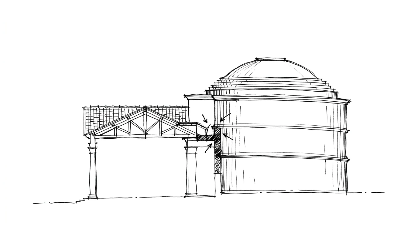 Sezione del Pantheon che mostra il disallineamento tra il portico e la rotonda