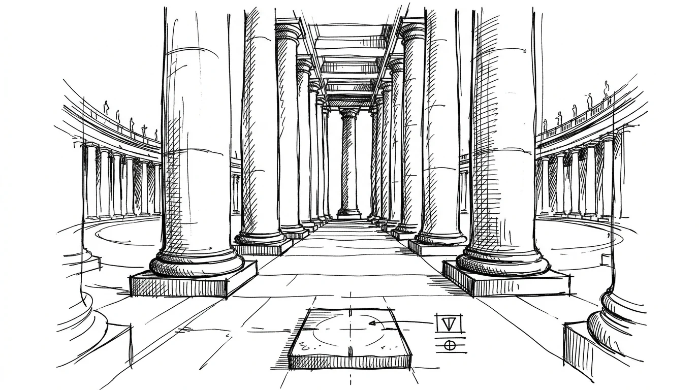 Vista da uno dei due punti focali del colonnato, dove le quattro file di colonne si allineano in una sola