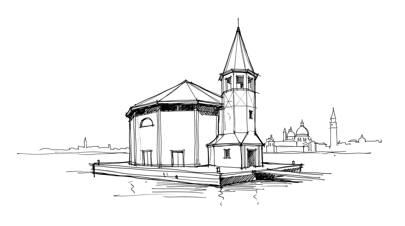 Il Teatro del Mondo di Aldo Rossi, la torretta ottagonale con tetto a cuspide che galleggia nella laguna di Venezia