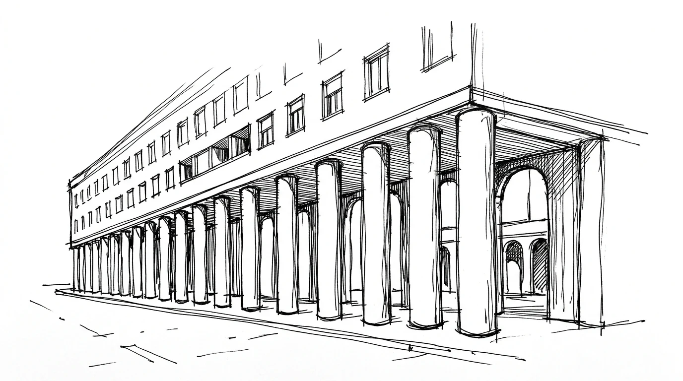 Il portico del Gallaratese a Milano, la fila regolare di colonne cilindriche che sorregge le case popolari