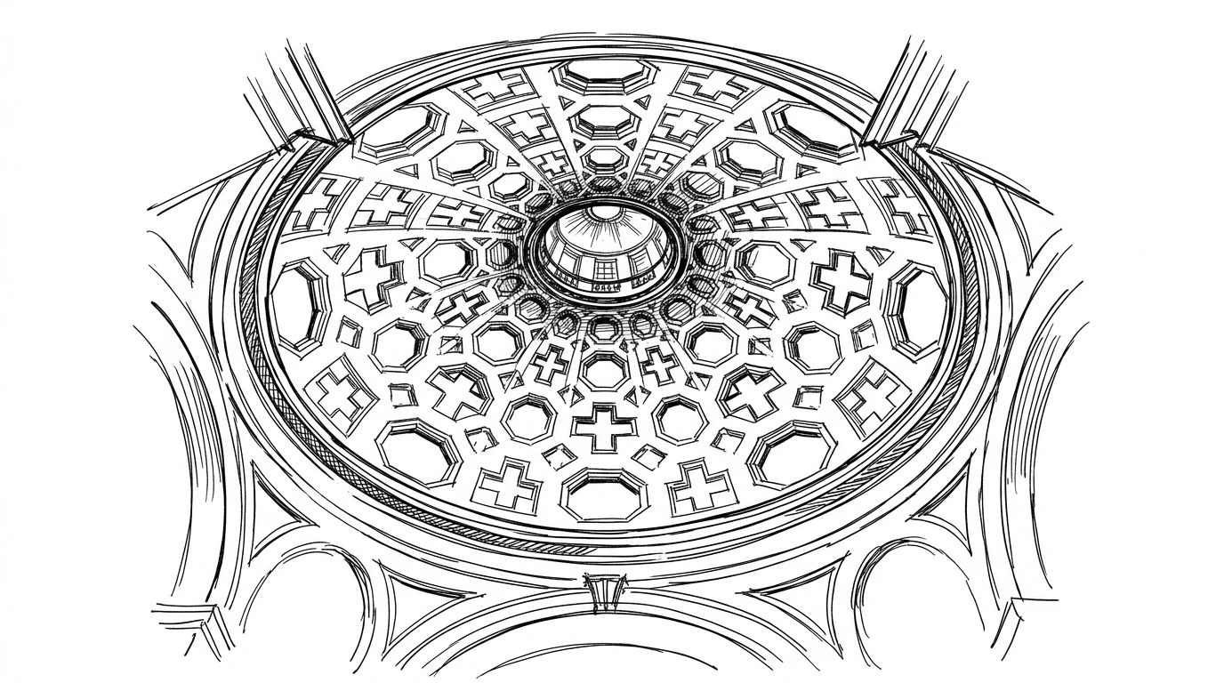 I lacunari geometrici della cupola di San Carlo alle Quattro Fontane, esagoni, quadrati e croci che si riducono verso la lanterna